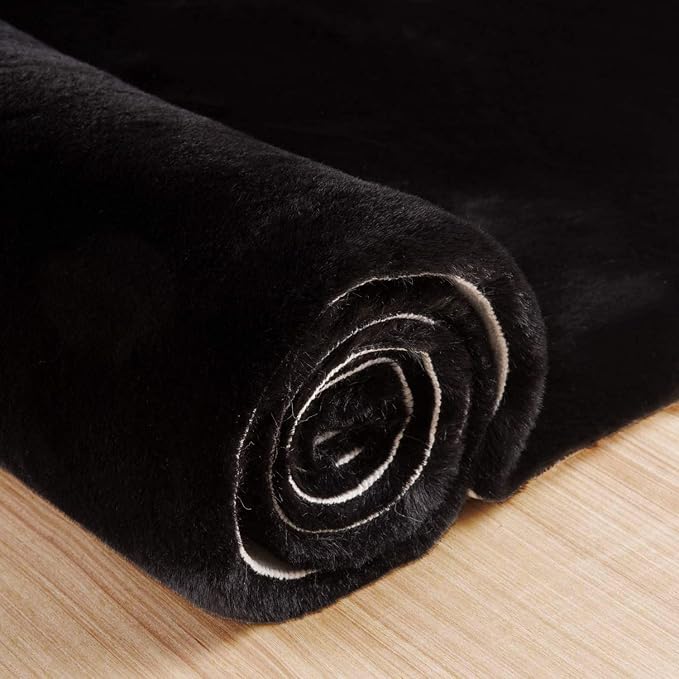 ORINOVA Black Fluffy Rug for Bedroom Shag Rug Washable Carpet Faux Rabbit Fur