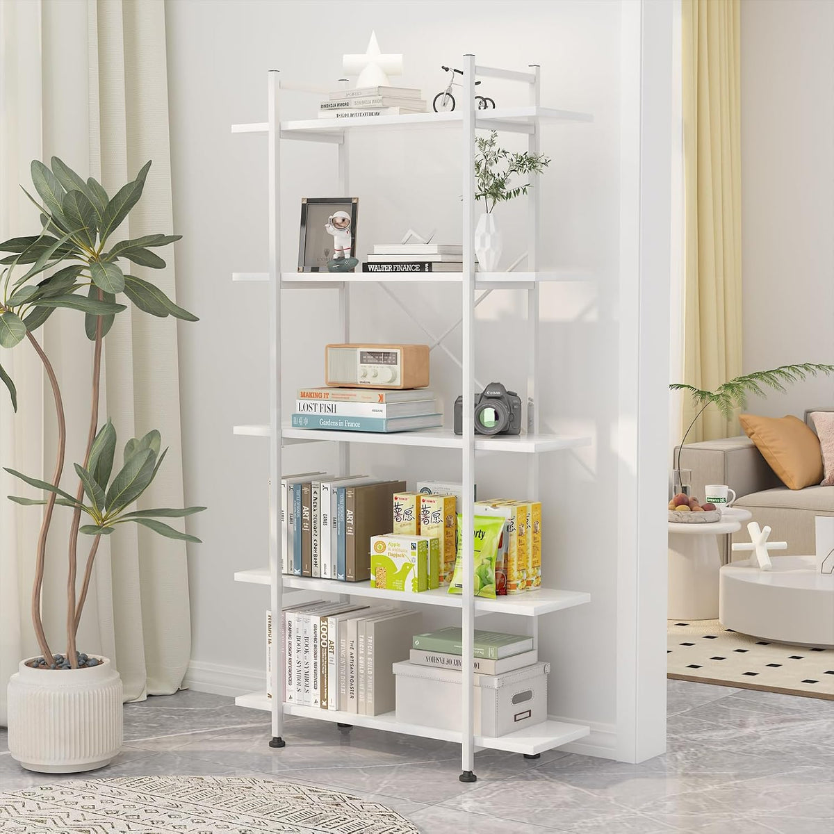 Bookshelf 5 Tiers White Wooden Storage Shelf,Modern Open Display Storage Bookcase Book Organizer,Metal Bookshelf Standing Storage Shelf Tall Shelving Units for Home Office Study