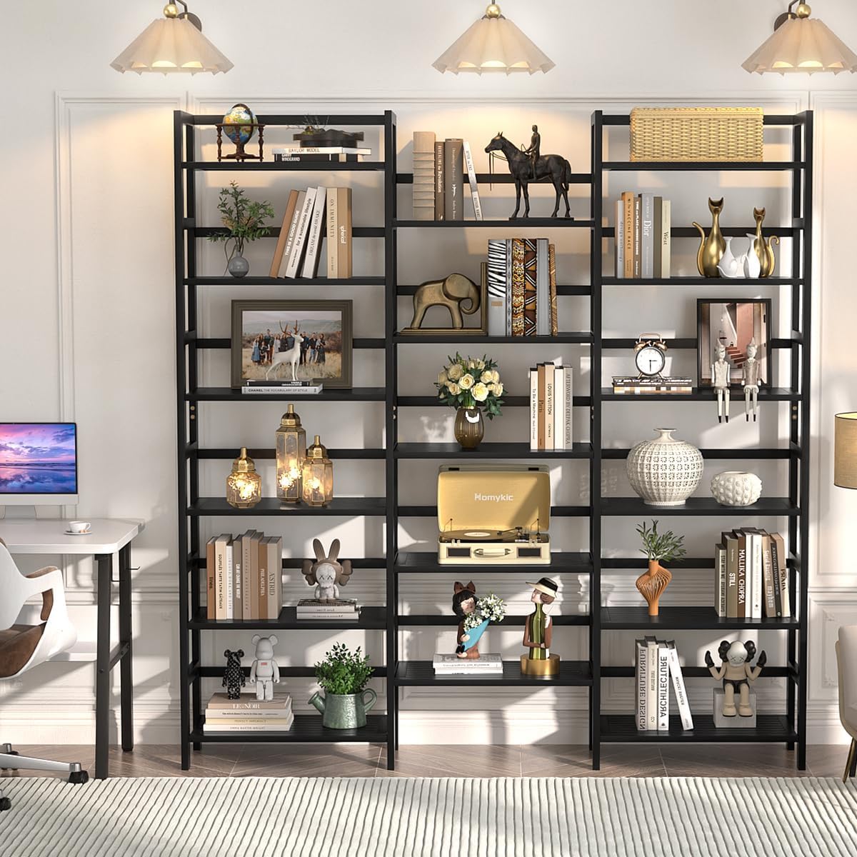 Homykic Bamboo Triple Wide Shallow Bookshelves and Bookcases, 6-Tier 6ft Tall Bookshelf with 17 Open Display Shelves, Super Large Freestanding Book Shelf for Home Office, Bedroom, Living Room, Black