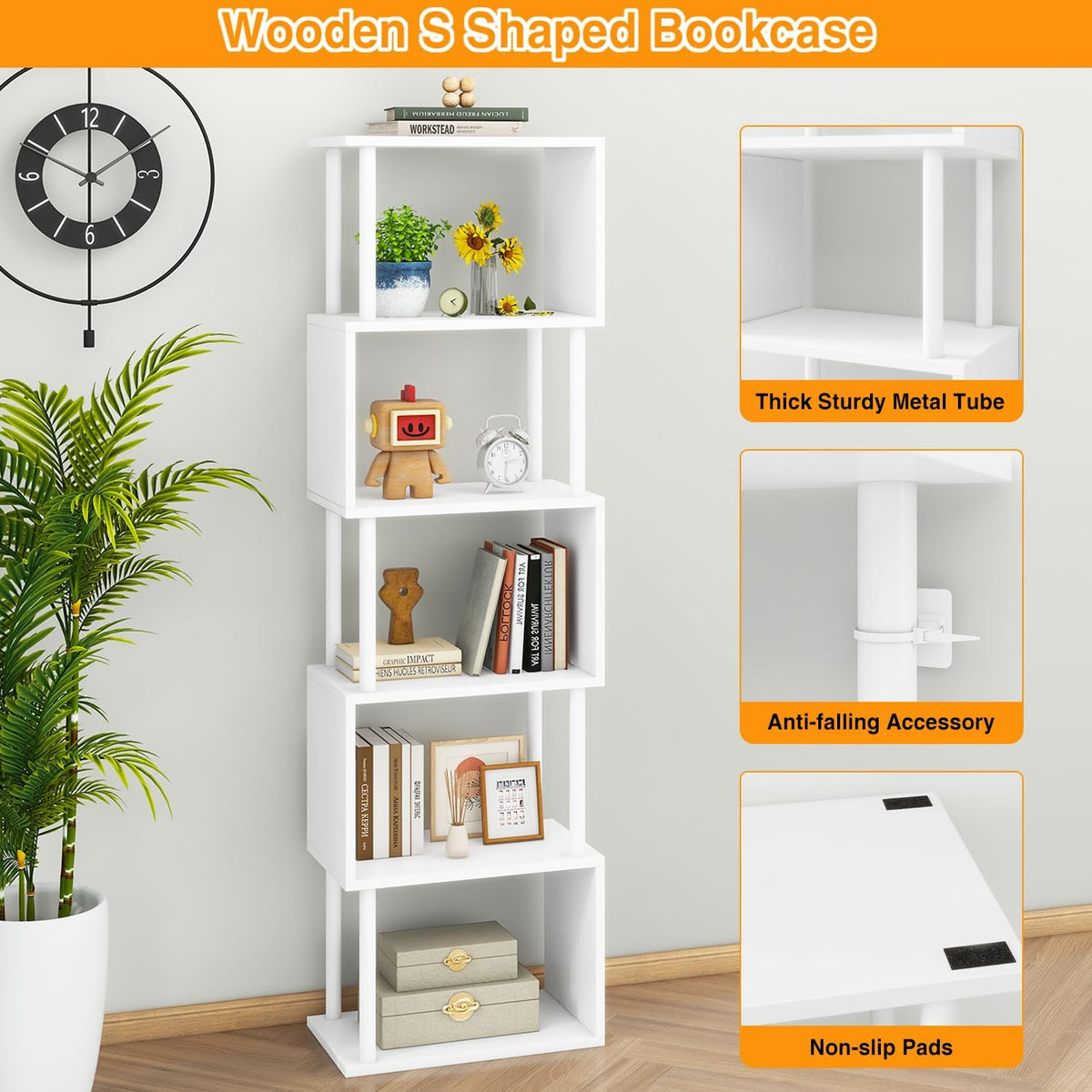 IBUYKE 6-Tier Tall Bookshelf,S-Shaped Geometric Bookcase, Wood Display Shelves with Storage,Modern Bookshelf for Living Room Bedroom, Home Office, White WBC016W