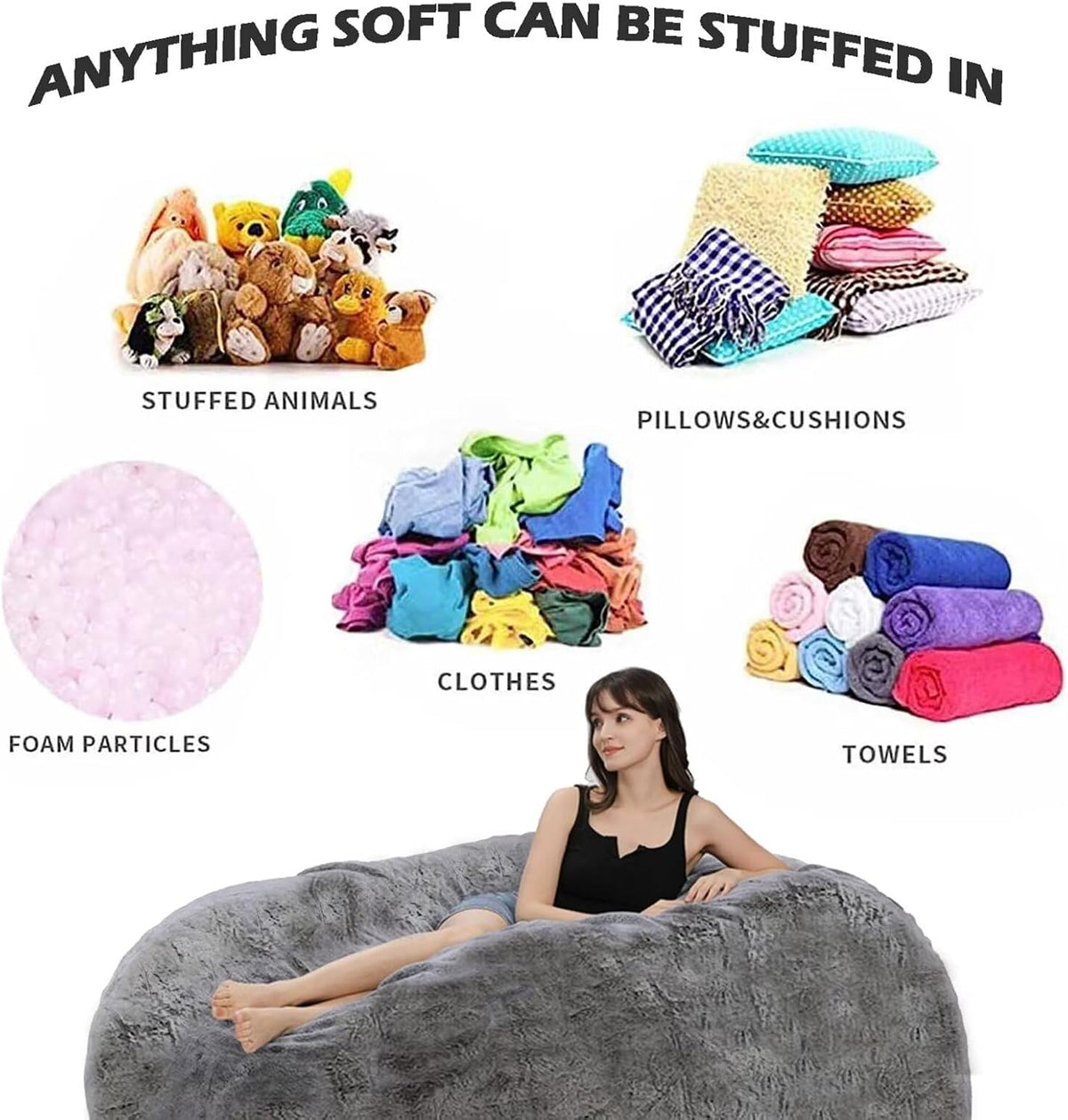 BCU 7FT Big Bean Bag for Adults Kids Without Filling Oversized Bean Bag Chair Cover for Stuffed Animal Storage, Silver Blue