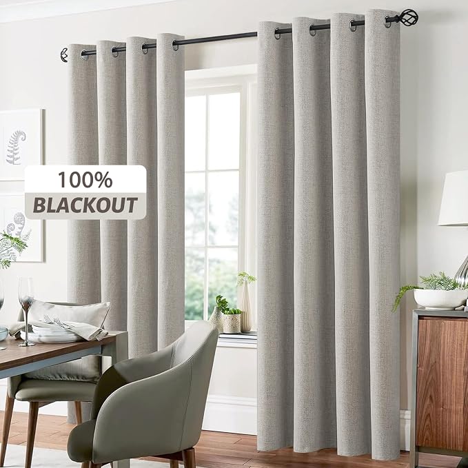 Yakamok Oatmeal Linen Curtains 100% Blackout 96 Inches Long, Room Darkening