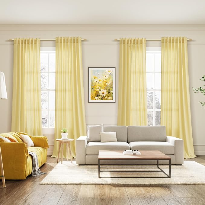 Yellow Linen Semi Sheer Curtains 108 Inches Long 2 Panels Set Back Tab Loop