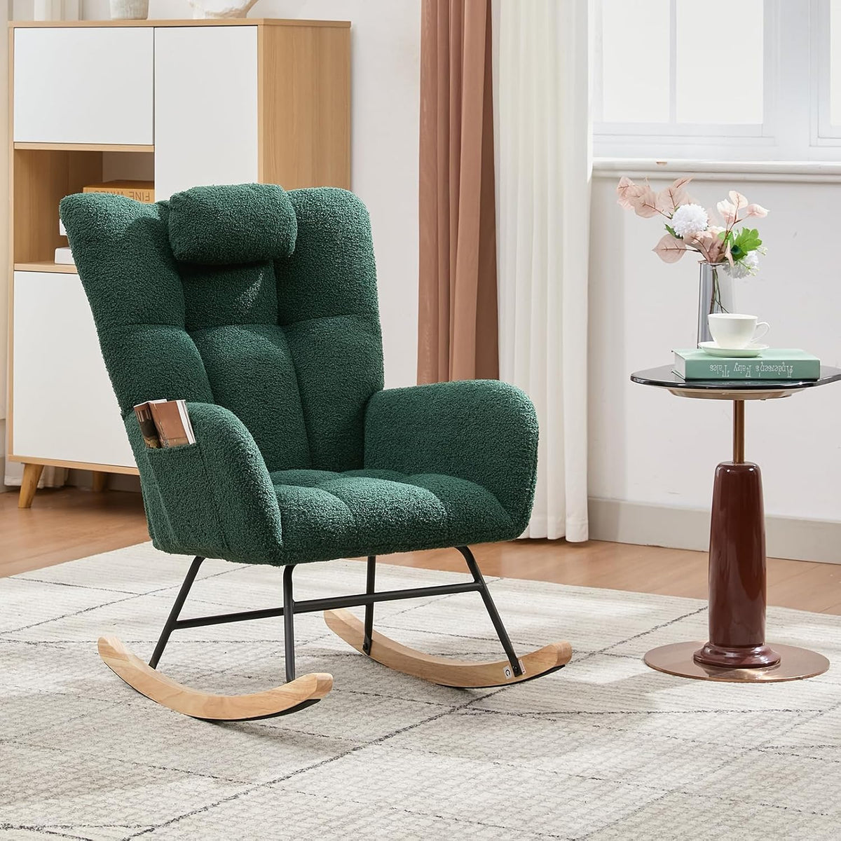 Nursery Rocking Chair,300Lb Glider Chair with Wood Legs/Two Side Pockets,Teddy Upholstered Glider Rocker with Padded Seat High Backrest for Living Room/Bedroom/Nursery