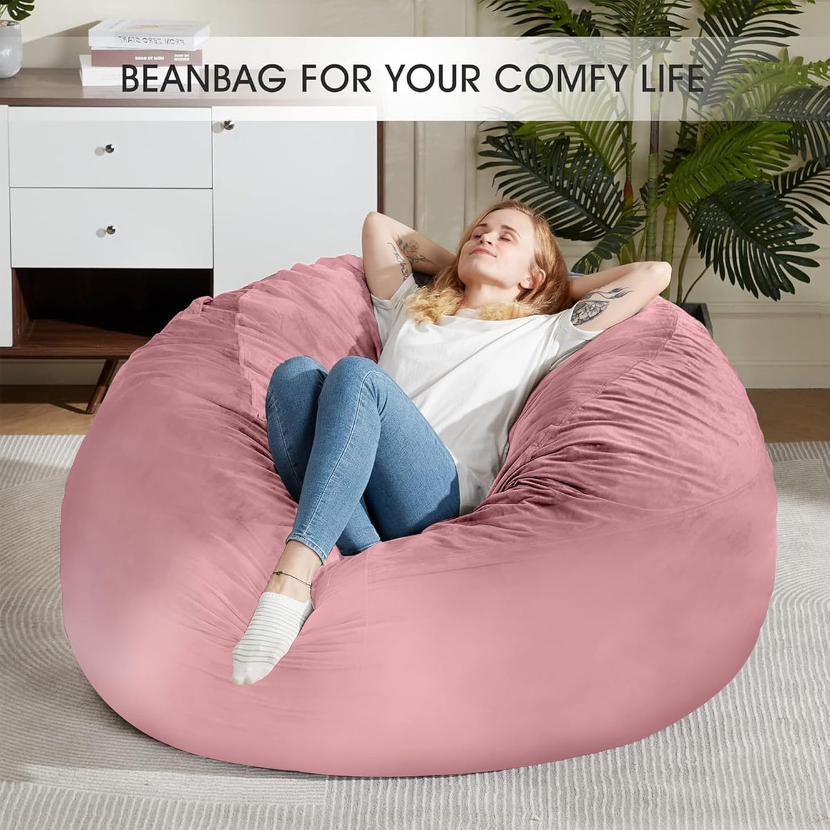 HABUTWAY Bean Bag Chair: Giant 5' Memory Foam Furniture Bean Bag Chairs for Adults with Microfiber Cover 5Ft (Soft Pink)