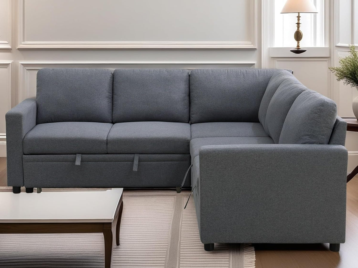 L Shaped Sectional Couch with Pull Out Bed, Convertible Sleeper Sofa Bed Couch with Storage, Modern Modular L Shaped Sofa for Living Room, Bedroom, Apartment, Grey