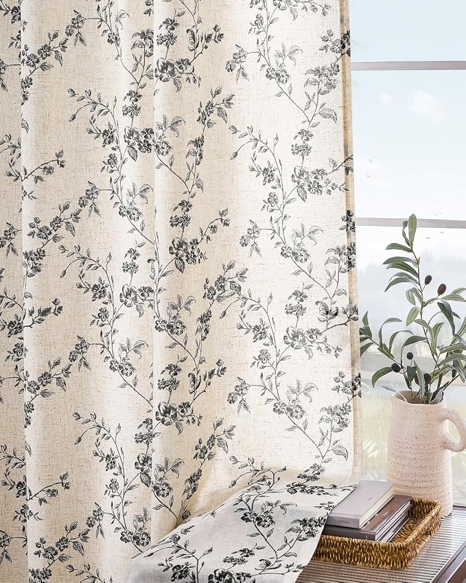 Lazzzy Farmhouse Linen Curtains Black Floral Curtains 90 Inch Length Back Tab