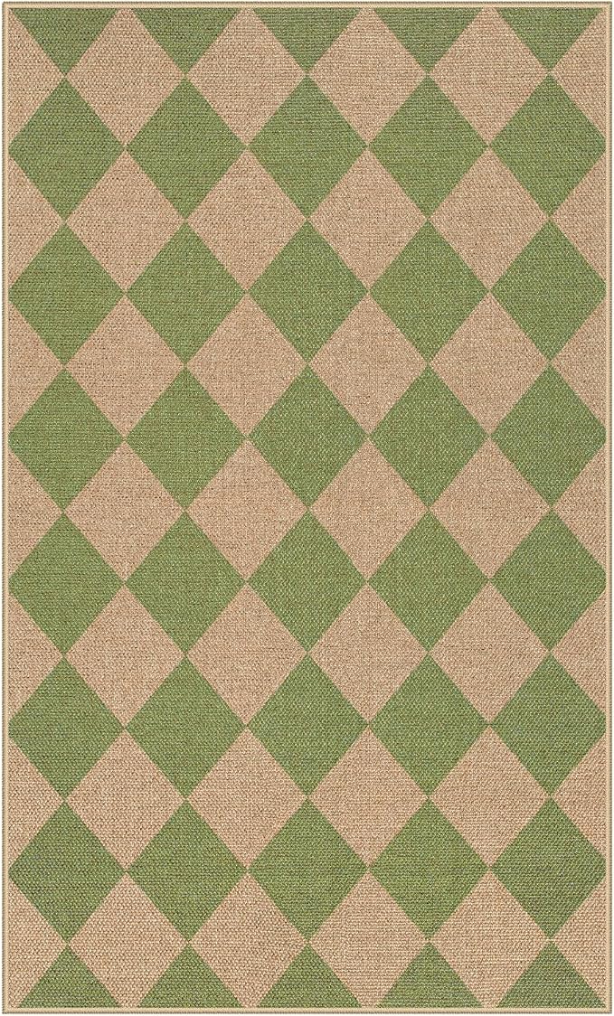 Lahome Colette Green Checkered Easy Jute Rug, 3x5 Washable Outdoor Rug Neutral