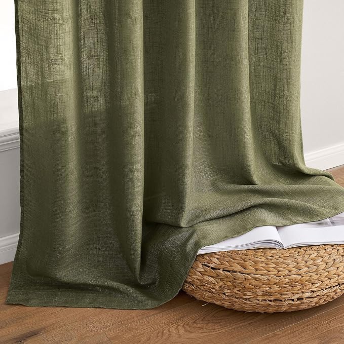 MIULEE Light Olive Green Linen Curtains 90 Inch Long 2 Panels