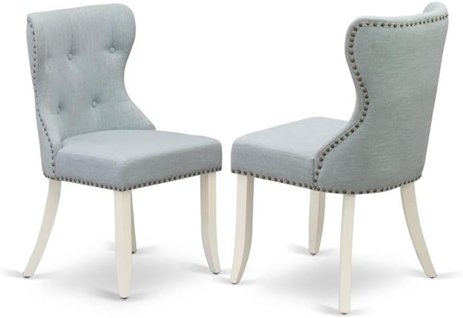 East West Furniture SHSI3-WHI-15 3 Piece Dining Room Table Set Contains a Round Wooden Table with Pedestal and 2 Baby Blue Linen Fabric Upholstered Chairs, 42x42 Inch, Linen White