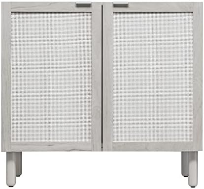 Sango Orre 2-Door Cabinet, Modern Sand Storage Cabinet with Synthetic Rattan Door Panels, Adjustable Shelf, Cylindrical Wood Legs, Discreet Finger Pulls, Elegant Furniture for Living or Dining Room
