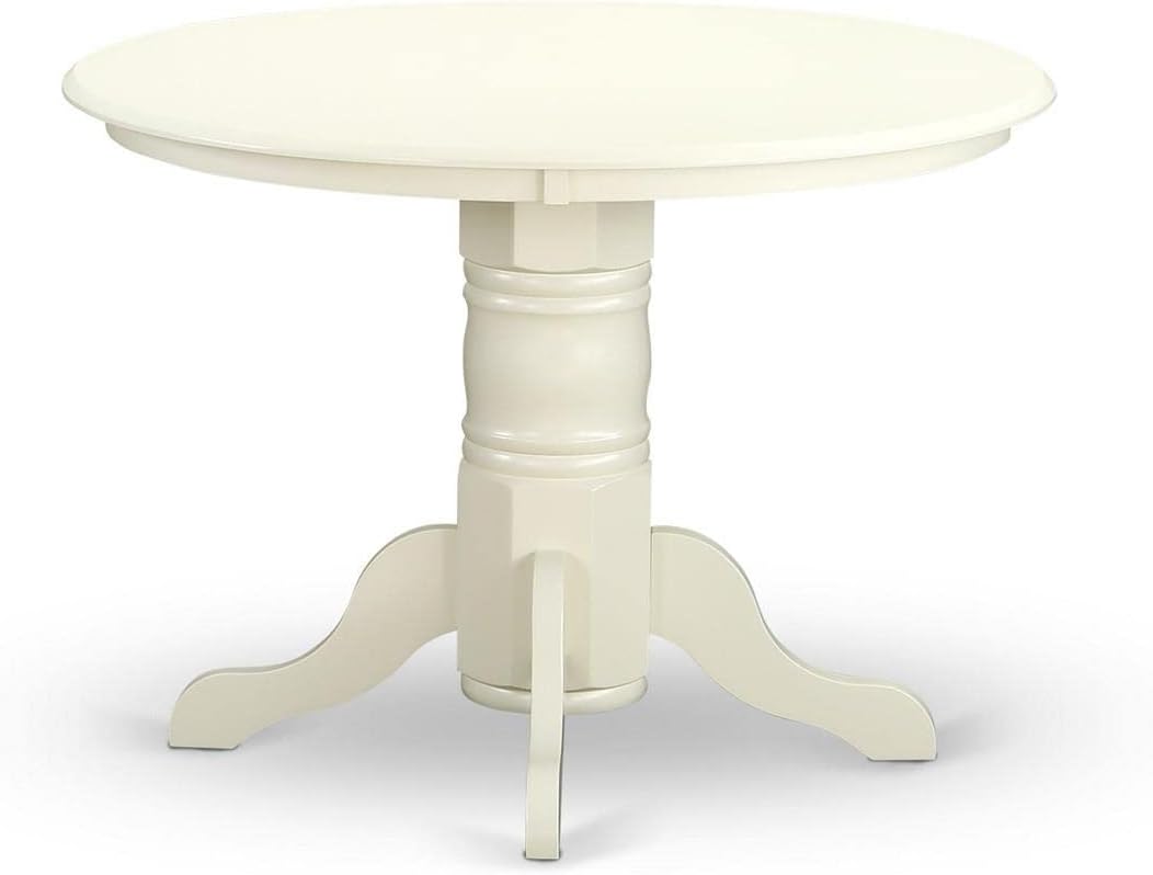 East West Furniture SHCL3-WHI-C 3 Piece Dining Room Furniture Set Contains a Round Kitchen Table with Pedestal and 2 Linen Fabric Upholstered Dining Chairs, 42x42 Inch, Linen White