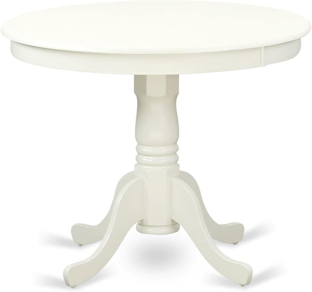 East West Furniture ANGA3-LWH-35 3 Piece Dining Room Furniture Set Contains a Round Dining Table with Pedestal and 2 Doeskin Linen Fabric Upholstered Chairs, 36x36 Inch, Linen White