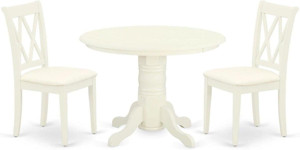 East West Furniture SHCL3-WHI-C 3 Piece Dining Room Furniture Set Contains a Round Kitchen Table with Pedestal and 2 Linen Fabric Upholstered Dining Chairs, 42x42 Inch, Linen White
