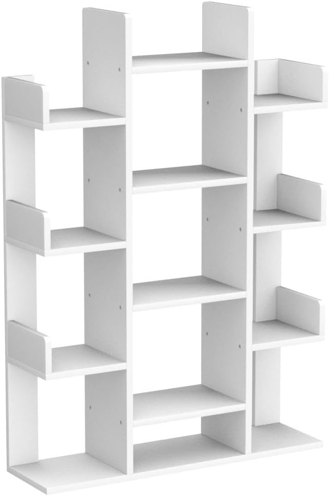 Aheaplus Bookshelf, Tree-Shaped Bookcase Storage Shelf with 13 compartments, Books Organizer Display Cube Shelves, Industrial Free Floor Standing Wood Open Bookshelves for Home, White