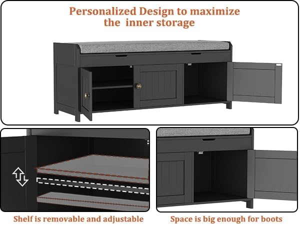 HOMEFORT 41.3" Shoe Bench with Lift Top Storage, Entryway Bench with Cushioned Seat, Wooden End of Bed Bench, Shoe Cabinet Bench with Hidden Storage Space, for Bedroom, Hallway,Black