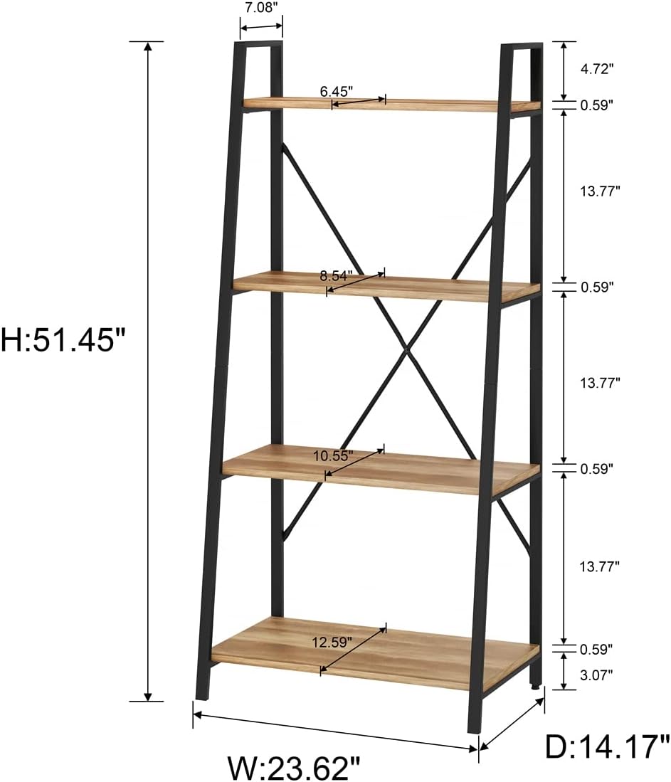 BON AUGURE Farmhouse Ladder Shelf Bookcase, 4 Tier Rustic Ladder Bookshelf, Standing Leaning Book Shelves for Living Room (Vintage Oak)
