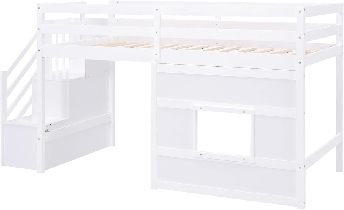 Twin Size Loft Bed with Storage Staircase and Window,Wood Twin Loft Bunk Bedframe with Full-Length Guardrail and Sturdy Slat Support, No Noise,No Box Spring Needed,for Kids,Boys,Girls,White