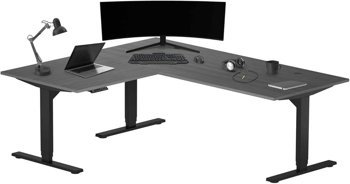 Progressive Desk Stand Up Height Adjustable Electric Standing Desk - L Shaped 60" x 72" Corner Computer Rising Workstation Table - Black Frame, Gray Oak Top