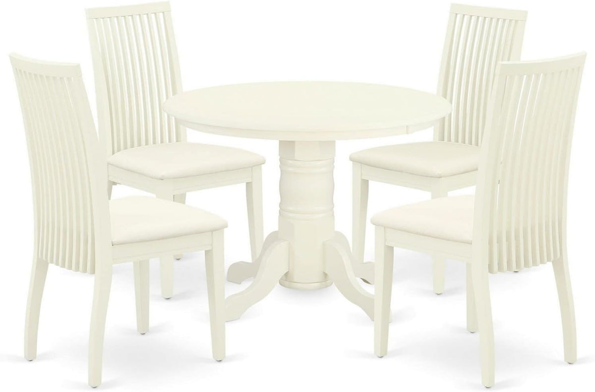 East West Furniture SHIP5-WHI-C 5 Piece Dining Room Furniture Set Includes a Round Kitchen Table with Pedestal and 4 Linen Fabric Upholstered Dining Chairs, 42x42 Inch, Linen White