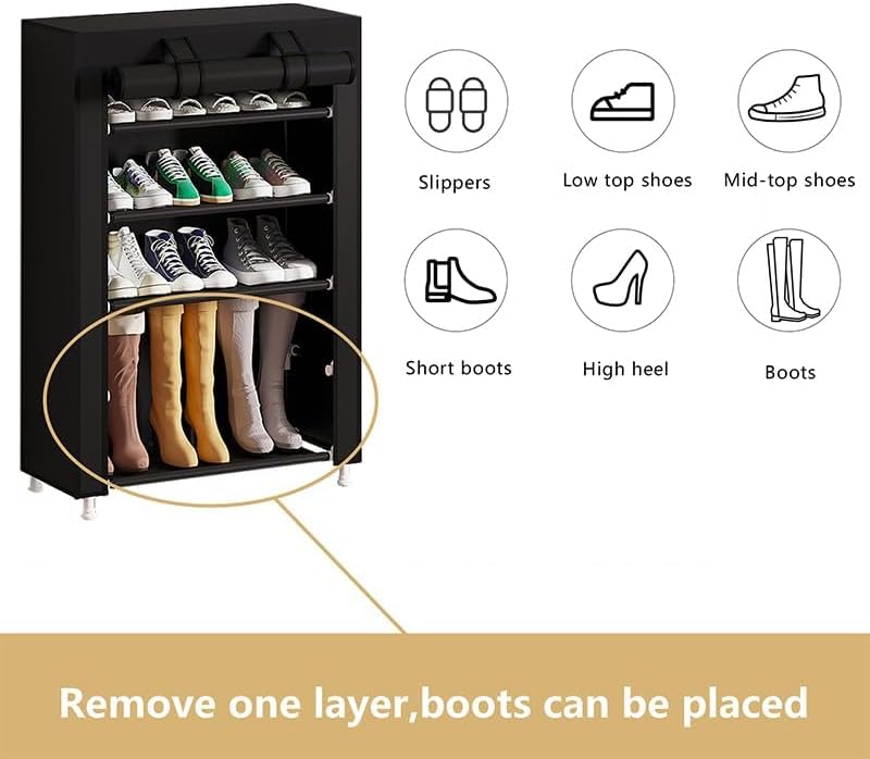 Calmootey 5 Tier Shoe Rack Organizer,Portable Shoe Shelf with Nonwoven Fabric Cover for Closet Hallway,Bedroom,Entryway,Black