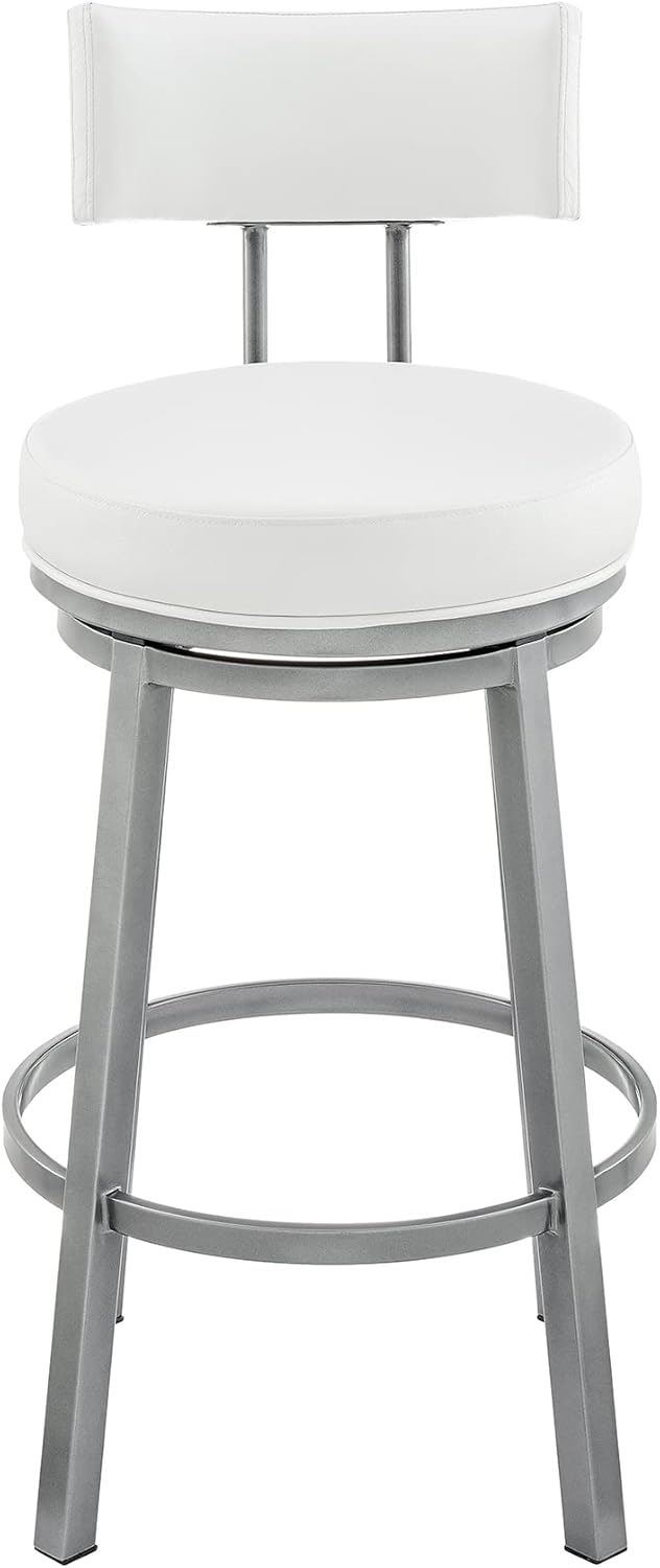 Armen Living Dalza Swivel Counter or Bar Stool in Cloud Finish with White Faux Leather
