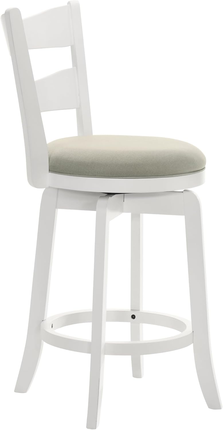 Armen Living Blair 26 in. Matte White Counter Height Rubberwood Swivel Barstool with Fog Fabric Seat