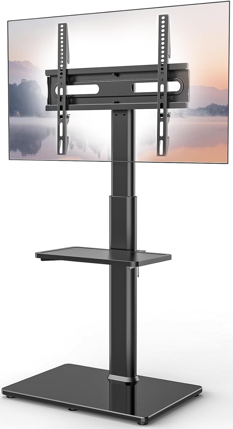 AX WABER Universal Floor TV Stand with Mount 70 Degree Swivel 9 Level Height Adjustable and Space Saving Design for Most 27 to 65 inch LCD, LED OLED TVs One Shelf