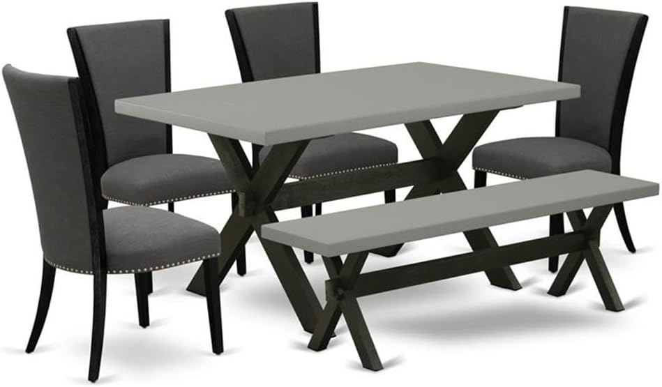 East West Furniture X696VE650-6 6 Piece Kitchen Table & Chairs Set Contains a Rectangle Dining Room Table and 4 Dark Gotham Linen Fabric Parson Chairs with a Bench, 36x60 Inch, Multi-Color