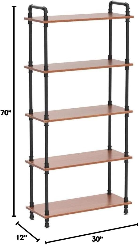 Industrial Bookshelf, 5 Shelf Bookcase, Rustic Brown Pipe Shelving (29.5" L x 11.8" W x 70" H)