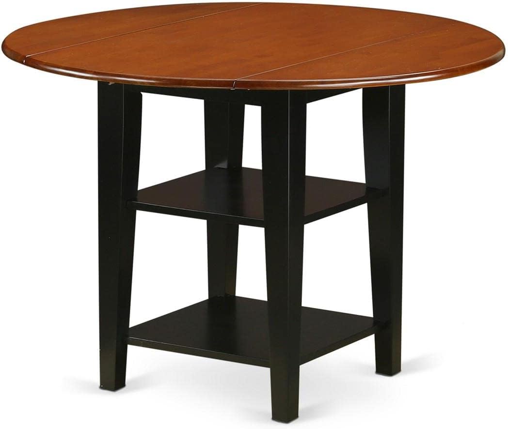 East West Furniture SUAV5-BCH-W 5 Piece Dining Room Furniture Set Includes a Round Dining Table with Dropleaf & Shelves and 4 Wood Seat Chairs, 42x42 Inch, Black & Cherry