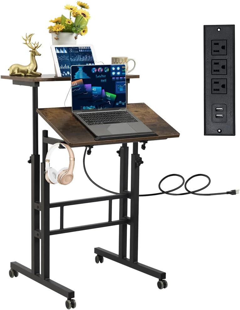 Hadulcet Mobile Standing Desk with Charging Station, Adjustable Standing Computer Desk, Standing Adjustable Laptop Cart with Wheels for Home Office Classroom Rustic Brown