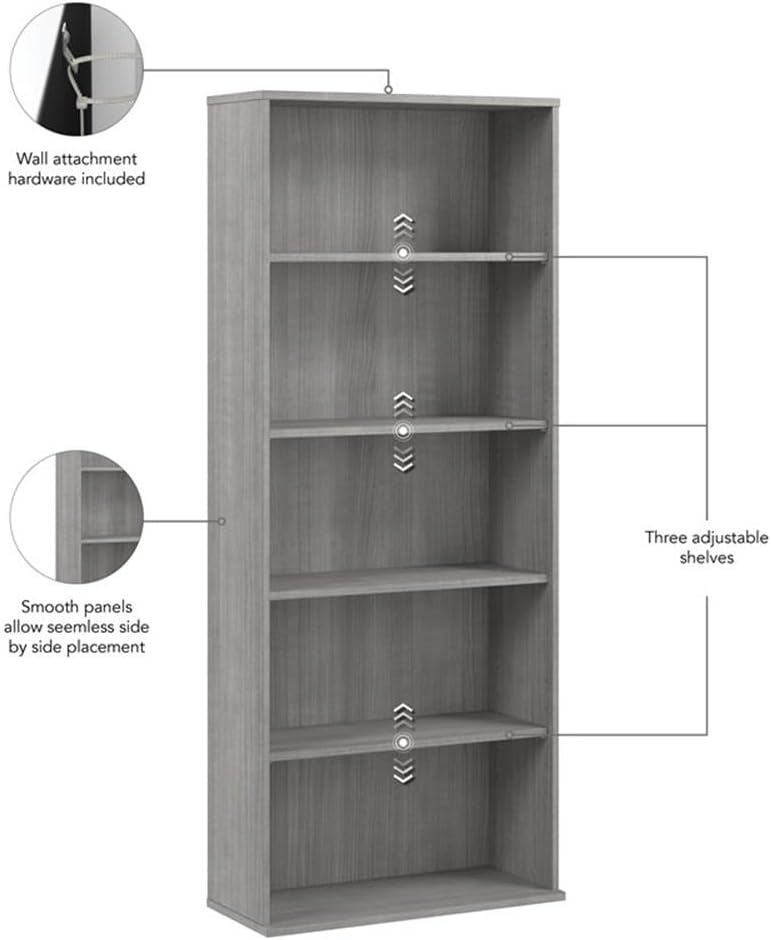 Bush Business Furniture Hustle Tall 5 Shelf Bookcase in Platinum Gray, Large Bookshelf for Home, Living Room, and Professional Office