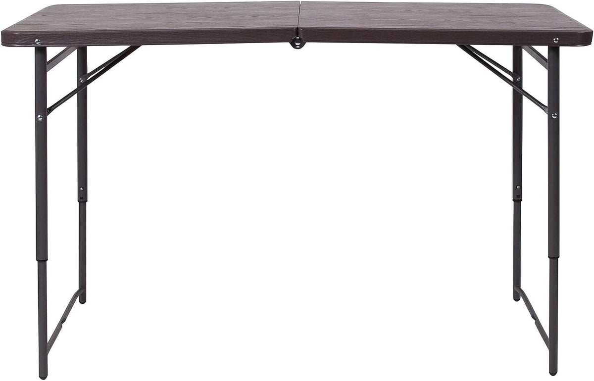 Flash Furniture Mills 4-Foot Height Adjustable Bi-Fold Brown Wood Grain Plastic Folding Table with Carrying Handle