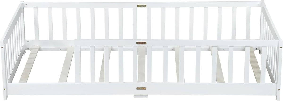 Bellemave Twin Floor Bed with Slats and Safety Guardrails, Kids Montessori Floor Beds with Fence and Without Door, Easy Assemble Floor Bed for Kids, Girls, Boys, White