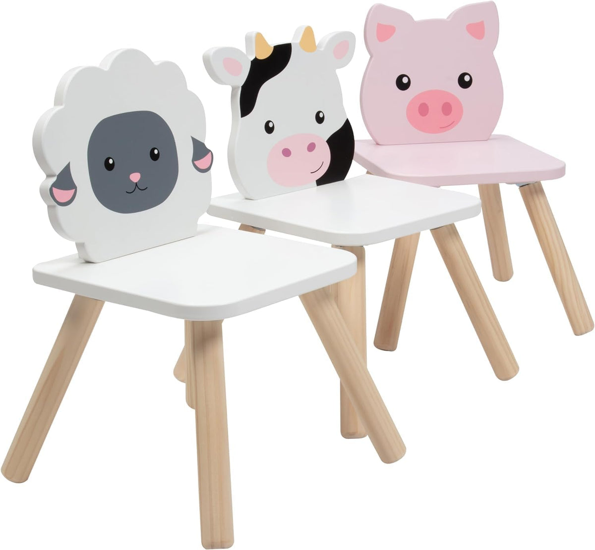 Kids Wooden Animal Table & Chair Set w 4 Seats- Cow Pig Sheep Plus Adult Stool for Arts Crafts, Dining, Pretend Play- Durable Playroom Furniture for Home, Daycare Classroom- Toddler Children Gift