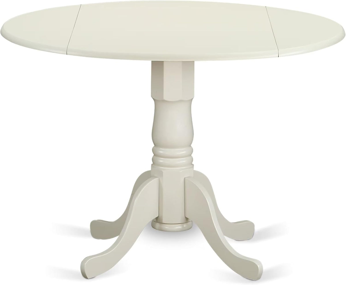 East West Furniture DLVA5-LWH-C 5 Piece Dining Table Set for 4 Includes a Round Kitchen Table with Dropleaf and 4 Linen Fabric Kitchen Dining Chairs, 42x42 Inch, Linen White