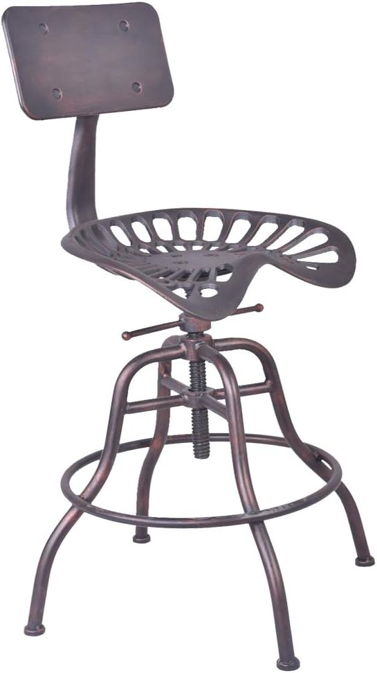 Diwhy Industrial Design Metal Adjustable Height Backrest Chair Vintage Tractor Saddle Bar Stool (Copper)