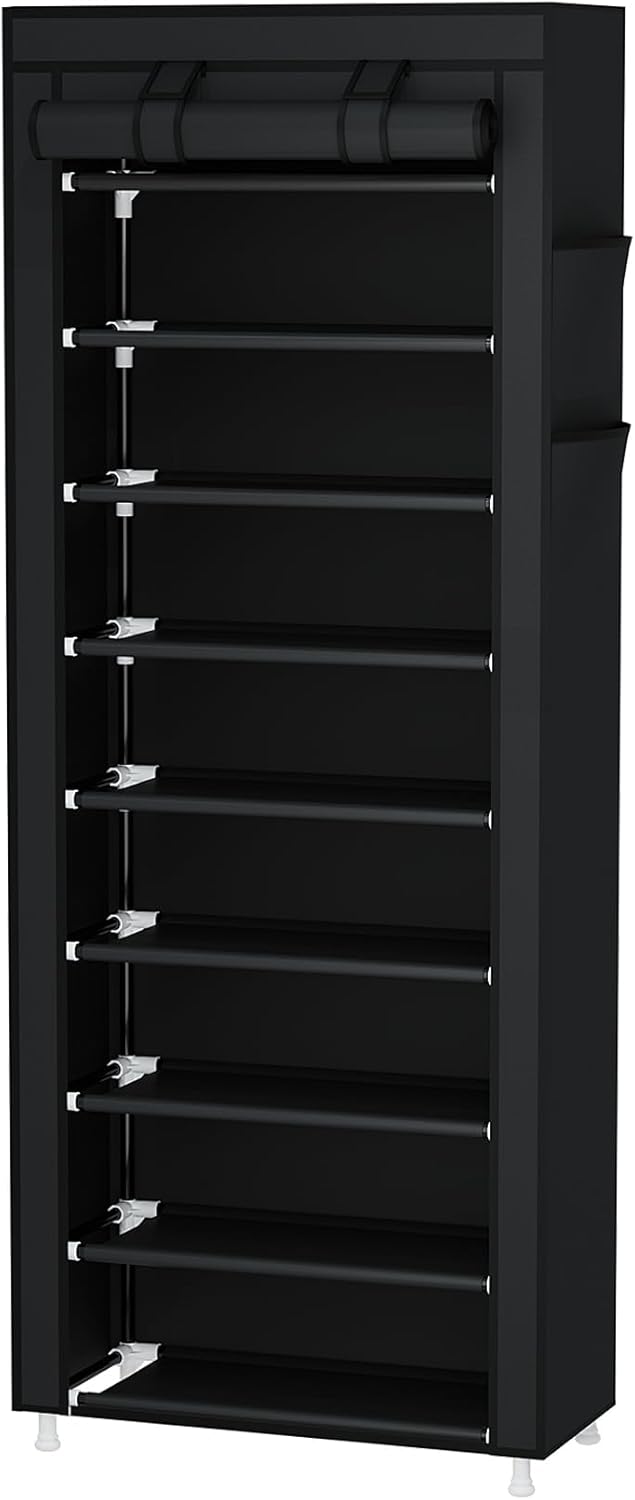 Calmootey 9 Tier Shoe Rack Organizer,Portable Shoe Shelf with Nonwoven Fabric Cover for Closet Hallway,Bedroom,Entryway,Black