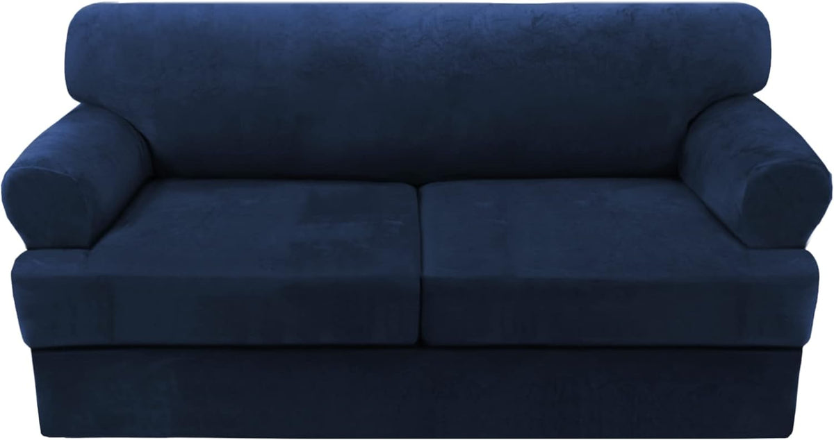 H.VERSAILTEX Sofa Cover 3 Piece T Cushion Sofa Slipcovers Thick Velvet Couch Cover Furniture Protector Stretch T Cushion Sofa Covers for 2 Cushion Couch with 2 Individual T Cushion Covers, Navy