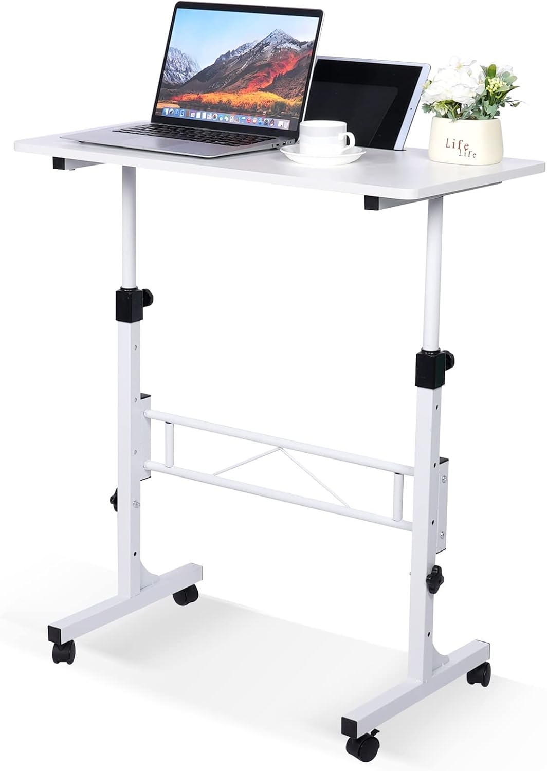 KLSMYHOKI Standing Desk Adjustable Height, Mobile Stand Up Desk with Wheels Small Computer Desk Rolling Desks, Portable Laptop Desk White Standing Table Home Office Desks 16"x31.5" Height 27"-43.5"