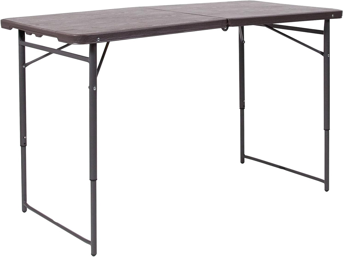 Flash Furniture Mills 4-Foot Height Adjustable Bi-Fold Brown Wood Grain Plastic Folding Table with Carrying Handle