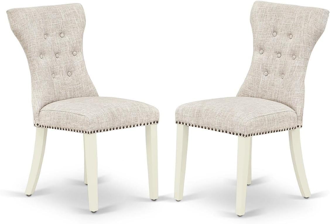 East West Furniture ANGA3-LWH-35 3 Piece Dining Room Furniture Set Contains a Round Dining Table with Pedestal and 2 Doeskin Linen Fabric Upholstered Chairs, 36x36 Inch, Linen White