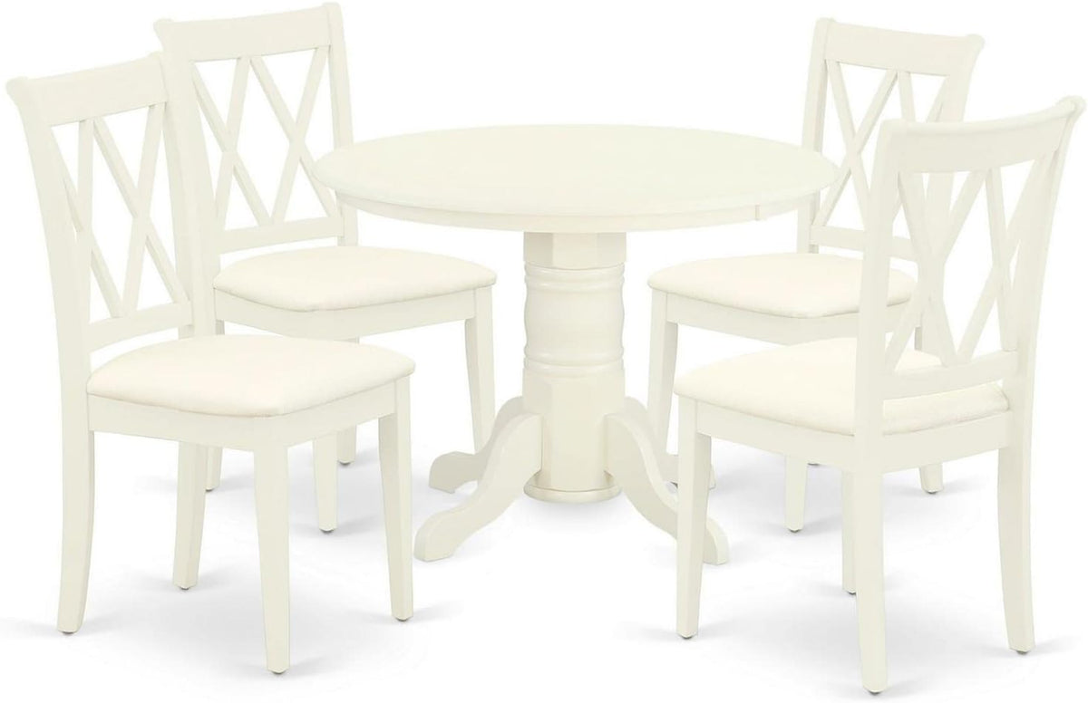 East West Furniture SHCL5-WHI-C 5 Piece Dining Room Table Set Includes a Round Kitchen Table with Pedestal and 4 Linen Fabric Upholstered Dining Chairs, 42x42 Inch, Linen White
