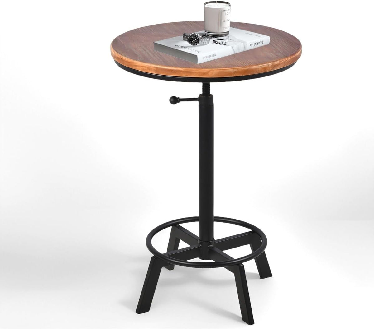 Vintage Bar Table 30-35.4inch Height Adjustable Industrial Bistro Table Retro Dinning Table for Kitchen Coffee House Pub Swivel Wooden Top