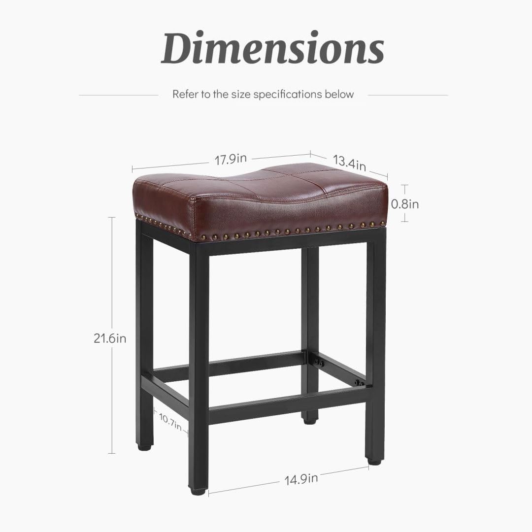 Counter Stools Set of 2 Upholstered Counter Height Bar Stools with Padded Seats and Metal Base, Leather Saddle Stool for Modern Kitchen Island, 22.4-Inch, Brown