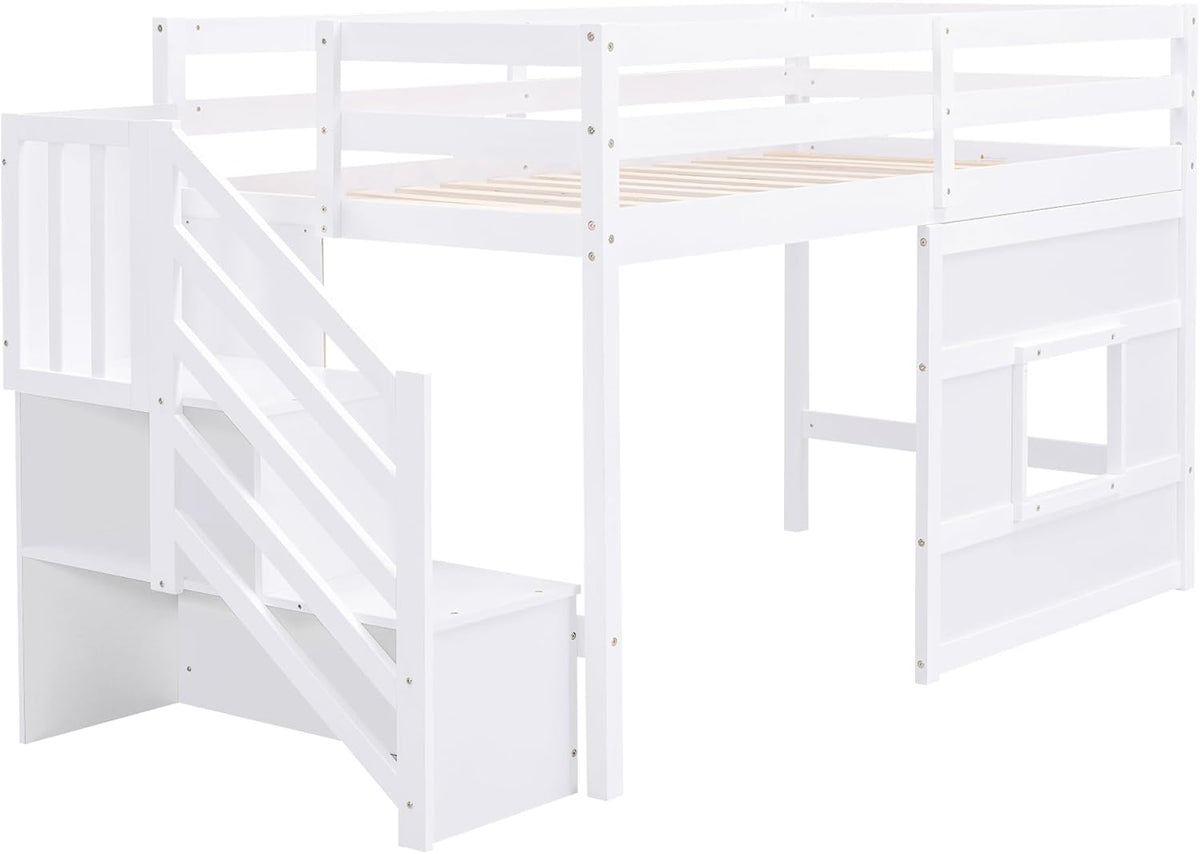 Twin Size Loft Bed with Storage Staircase and Window,Wood Twin Loft Bunk Bedframe with Full-Length Guardrail and Sturdy Slat Support, No Noise,No Box Spring Needed,for Kids,Boys,Girls,White