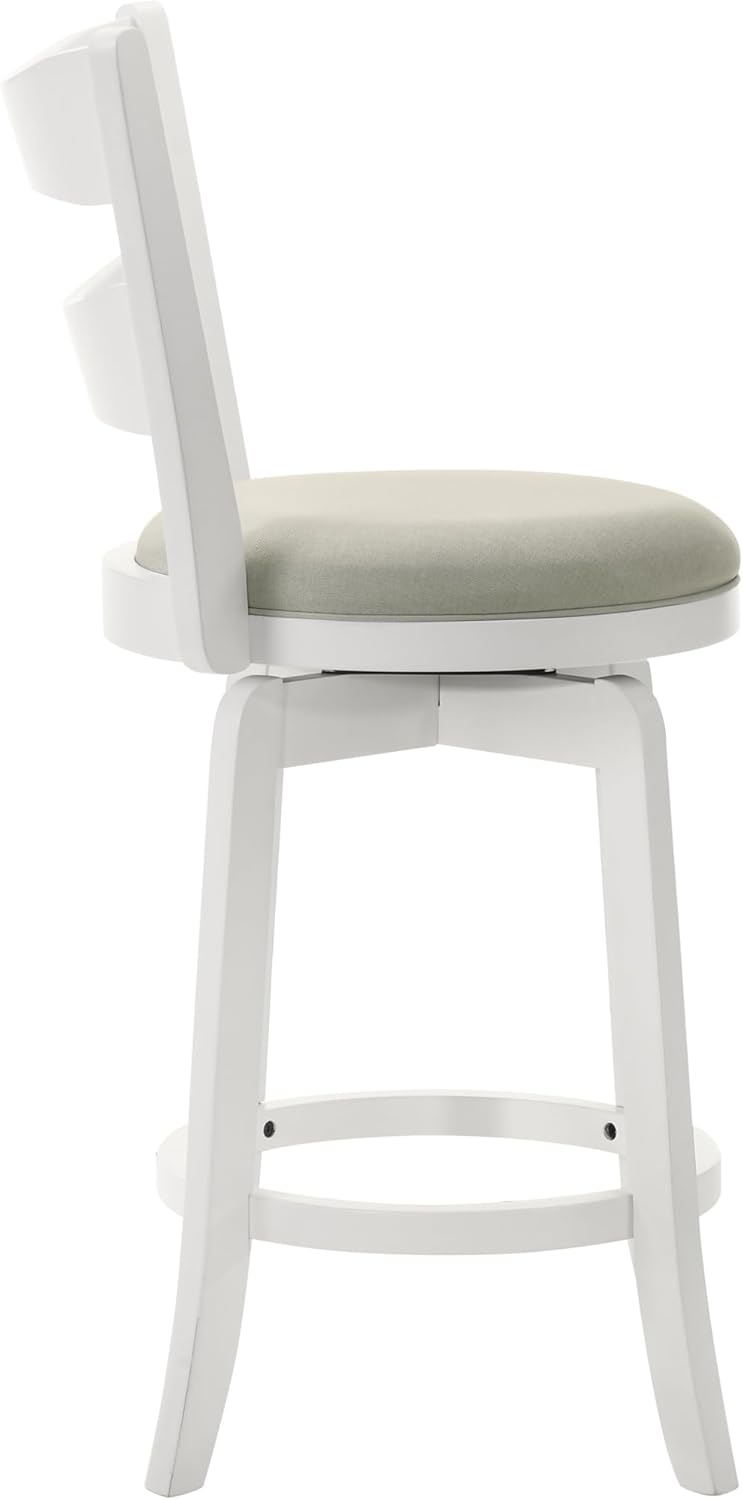 Armen Living Blair 26 in. Matte White Counter Height Rubberwood Swivel Barstool with Fog Fabric Seat