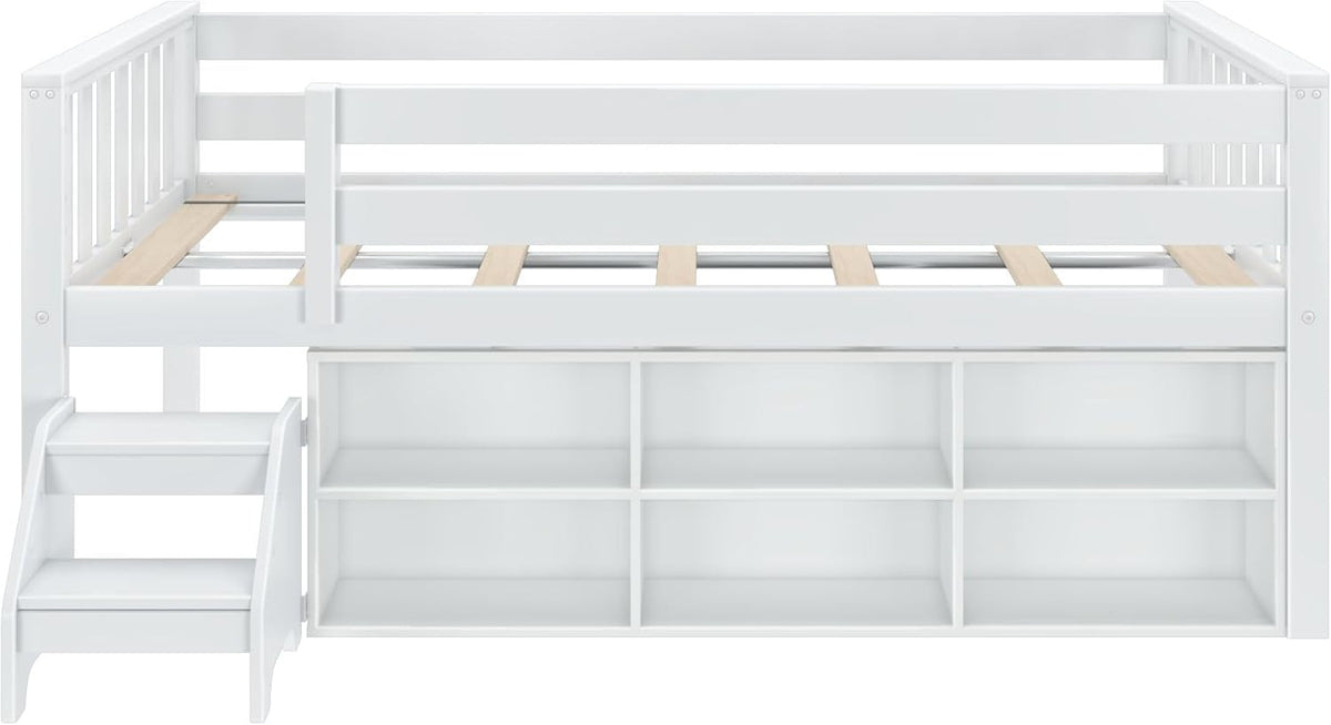 Max & Lily Soren Ultra Low Loft Bed, Twin Bed Frame for Kids with Bookcase, White