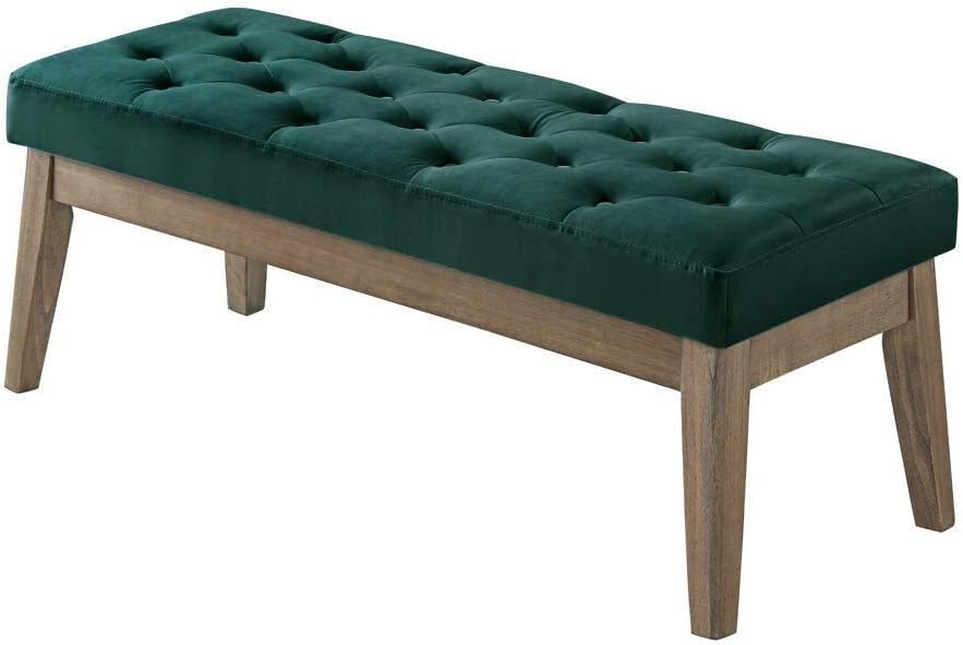 24KF Velvet Upholstered Buttons Tufted Entryway Bench with Solid Wood Leg,Bed Bench Ottoman with Padded Seat,5034-Jade
